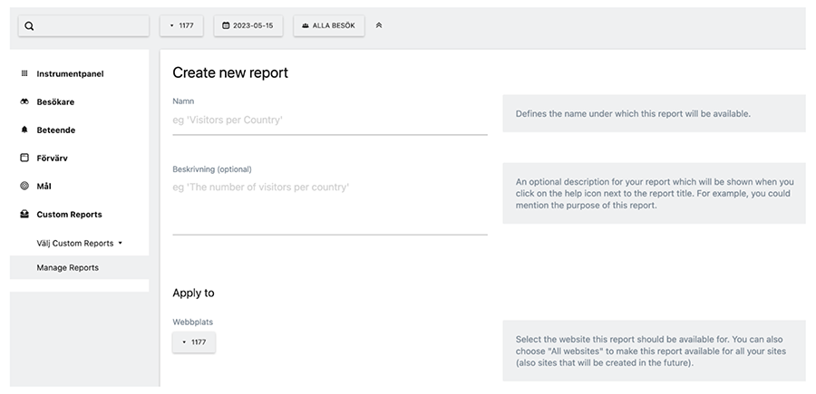 Matomo-skärmdump från där du skapar en ny anpassad rapport, ger den ett namn och beskrivning