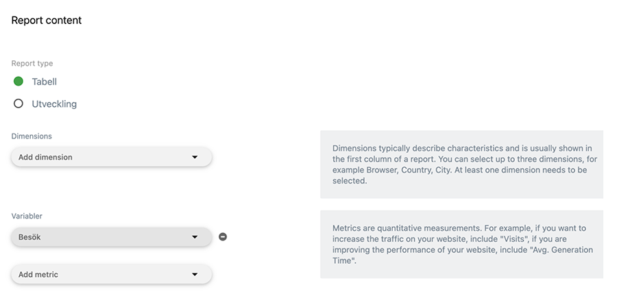 Matomo-skärmdump från anpassade rapporter där du väljer typ av rapport, dimensioner och variabler