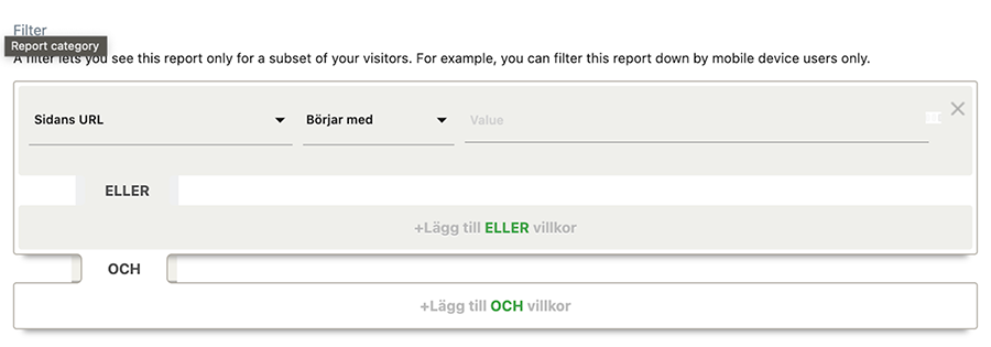 Skärmdump från Matomo med panelen för att filtrera den data som kommer finnas i din anpassade rapport