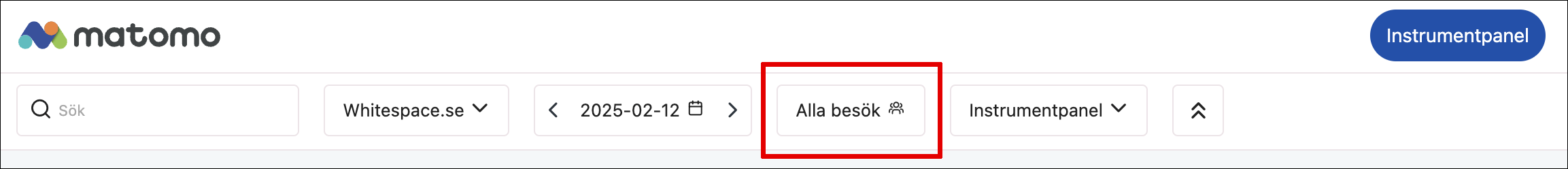 Skärmdump från Matomo - du hittar segmentväljaren i toppen av Matomo.