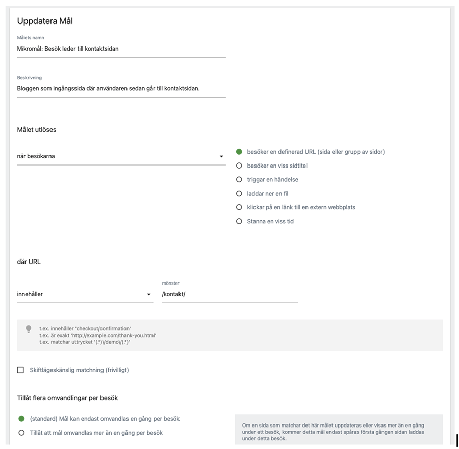 Så här kan ett mål definieras inne i Matomo.