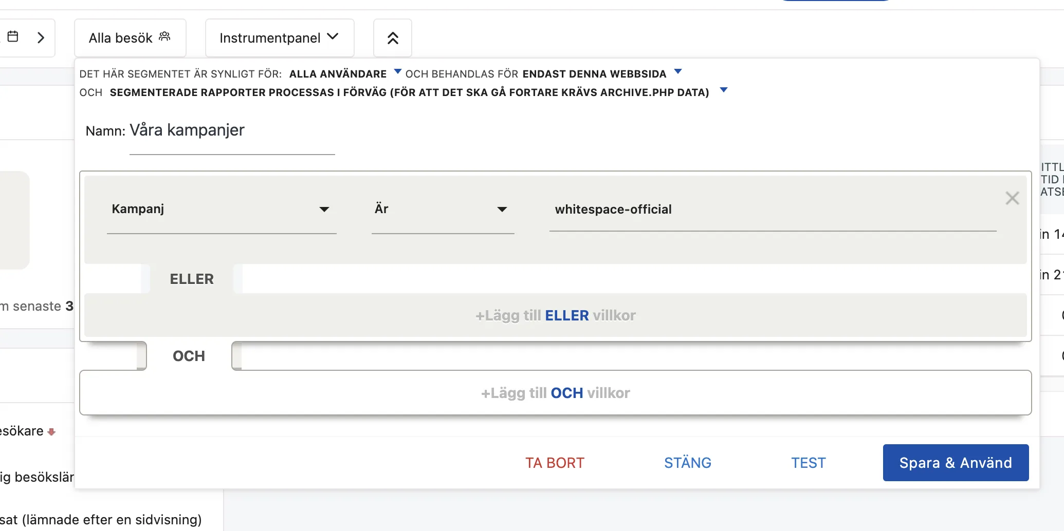 Skärmdump från Matomos segmentskapare